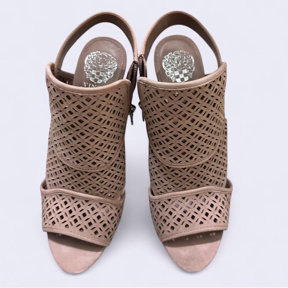 Vince Camuto Taupe Laser-Cut Peep-Toe Heels